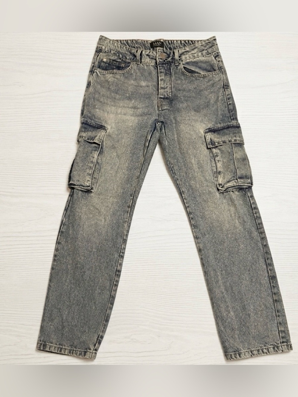BoohooMAN Cargo Jeans Straight Leg Light Wash 100% Cotton Denim Mens 32